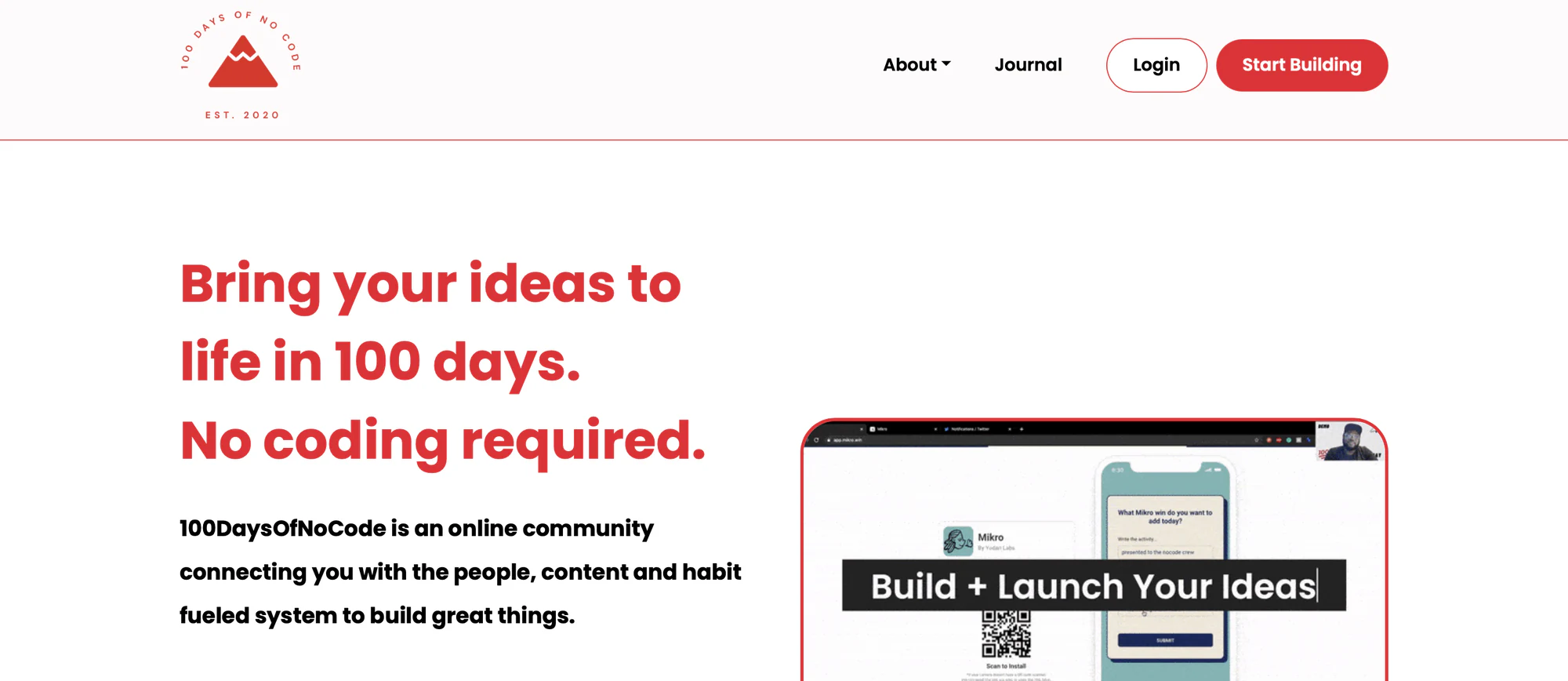 100DaysOfNoCode community challenge homepage