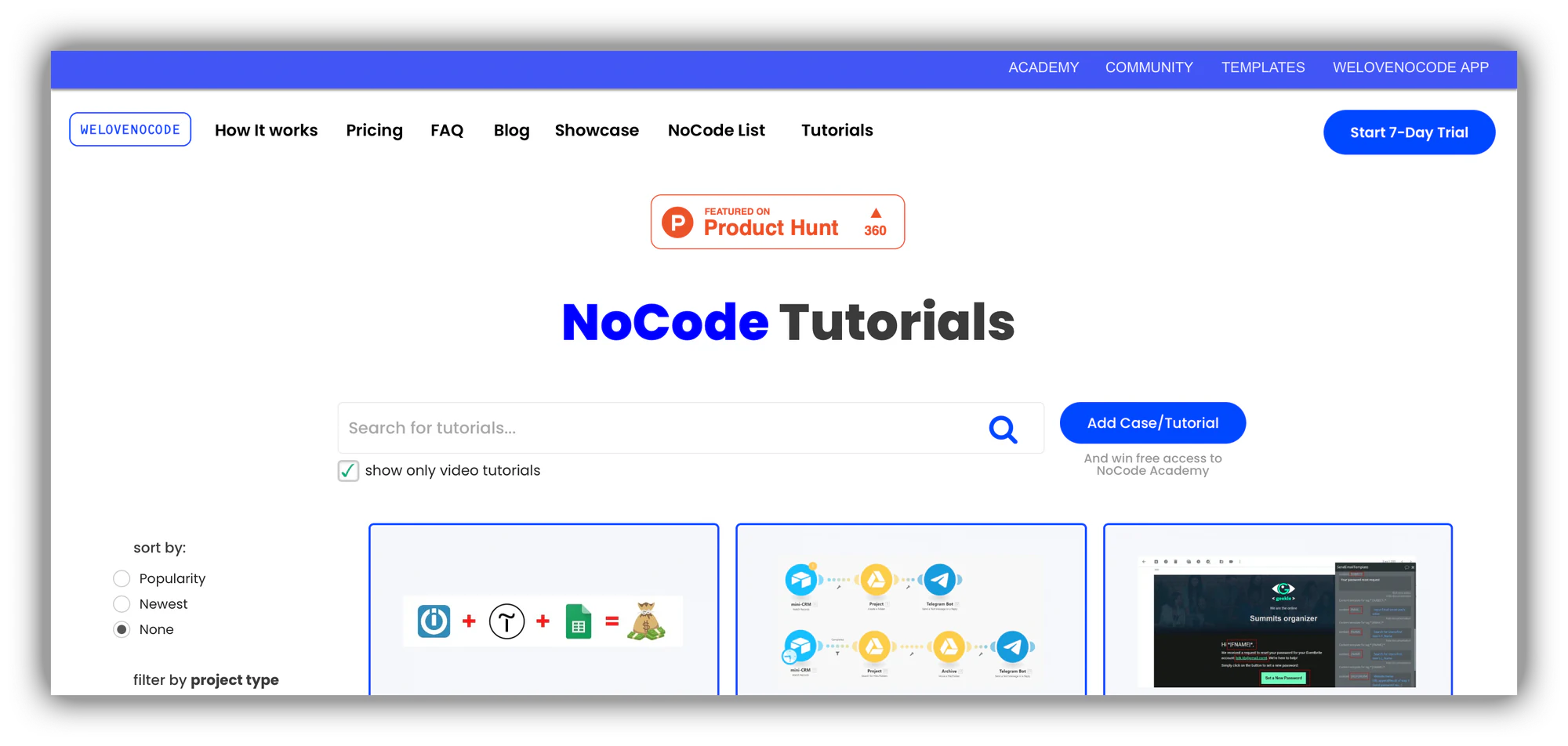 WeLoveNoCode tutorials page for no-code development