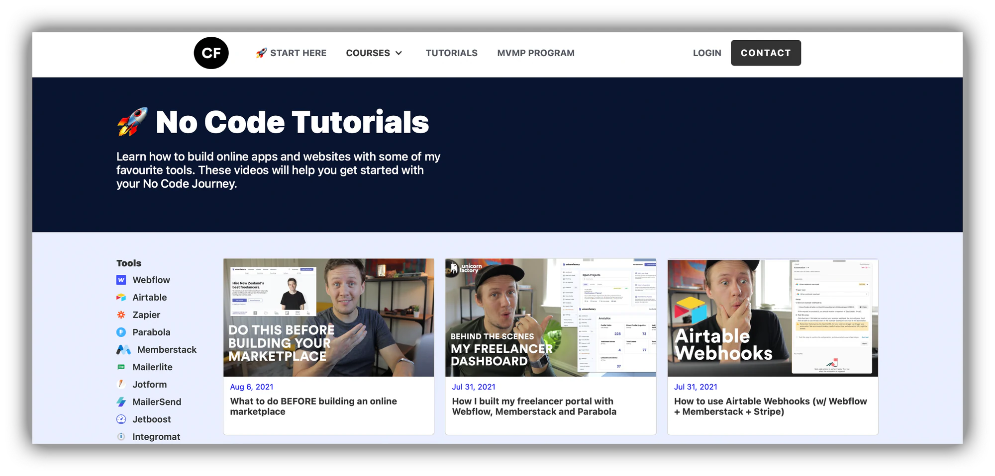 Connor Finlayson no-code tutorial library homepage