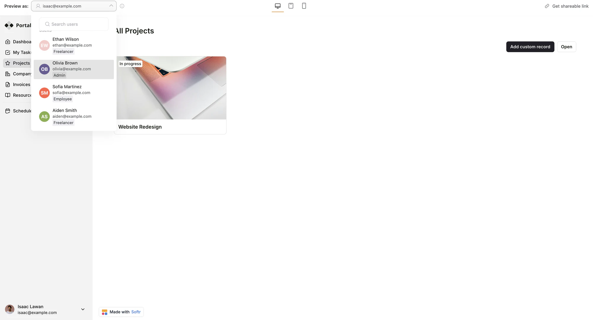 Softr preview mode viewing app interface as user isaac@example.com with filtered data.