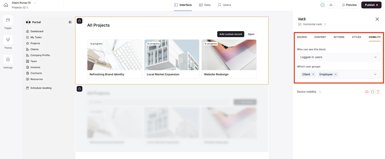 Softr block visibility panel restricting item display to Client and Employee user groups.