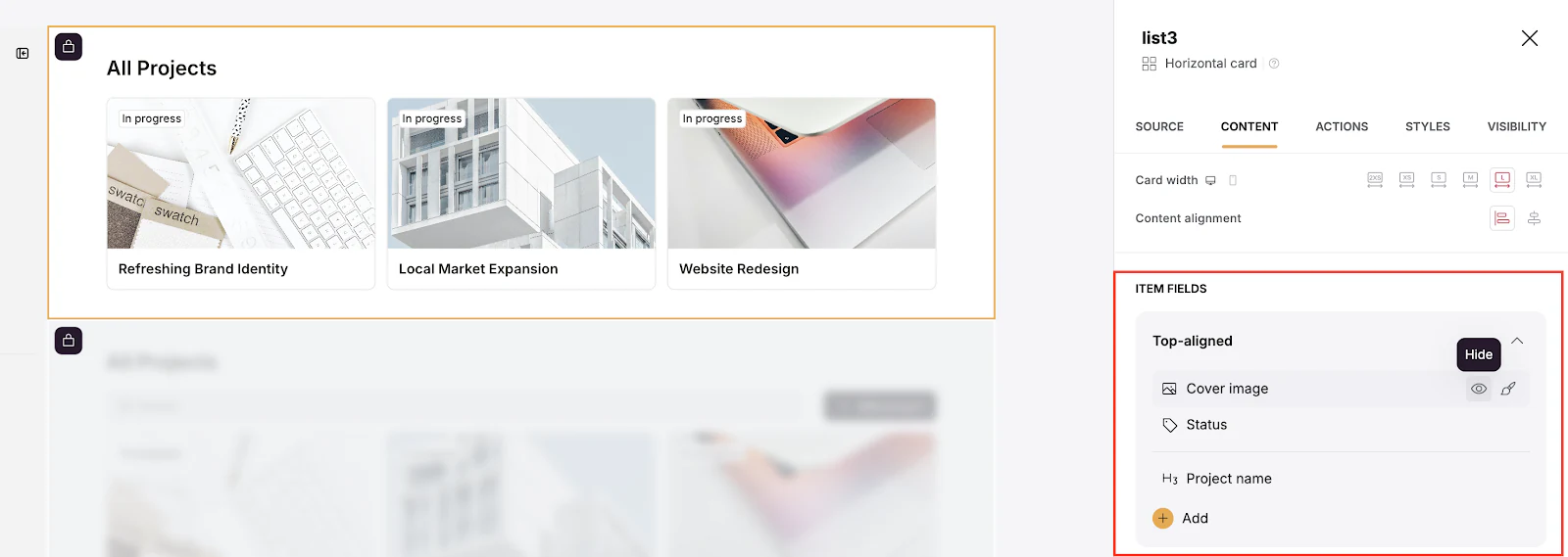 Softr Studio list item fields menu mapping cover image, status, and project title.