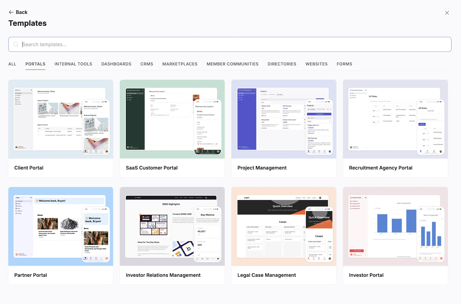 Softr template directory showing portals category with Client Portal and Partner Portal choices.