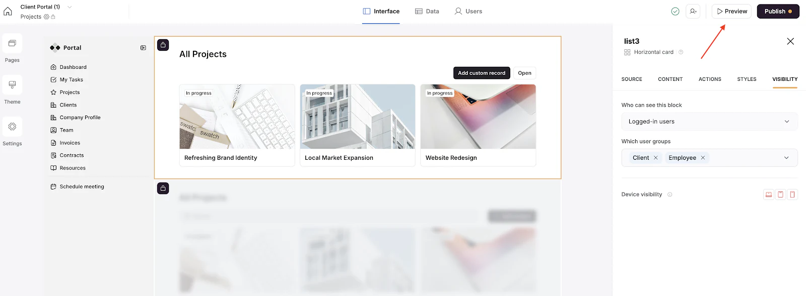 Softr Studio header featuring the Preview button arrow to test app user perspectives.