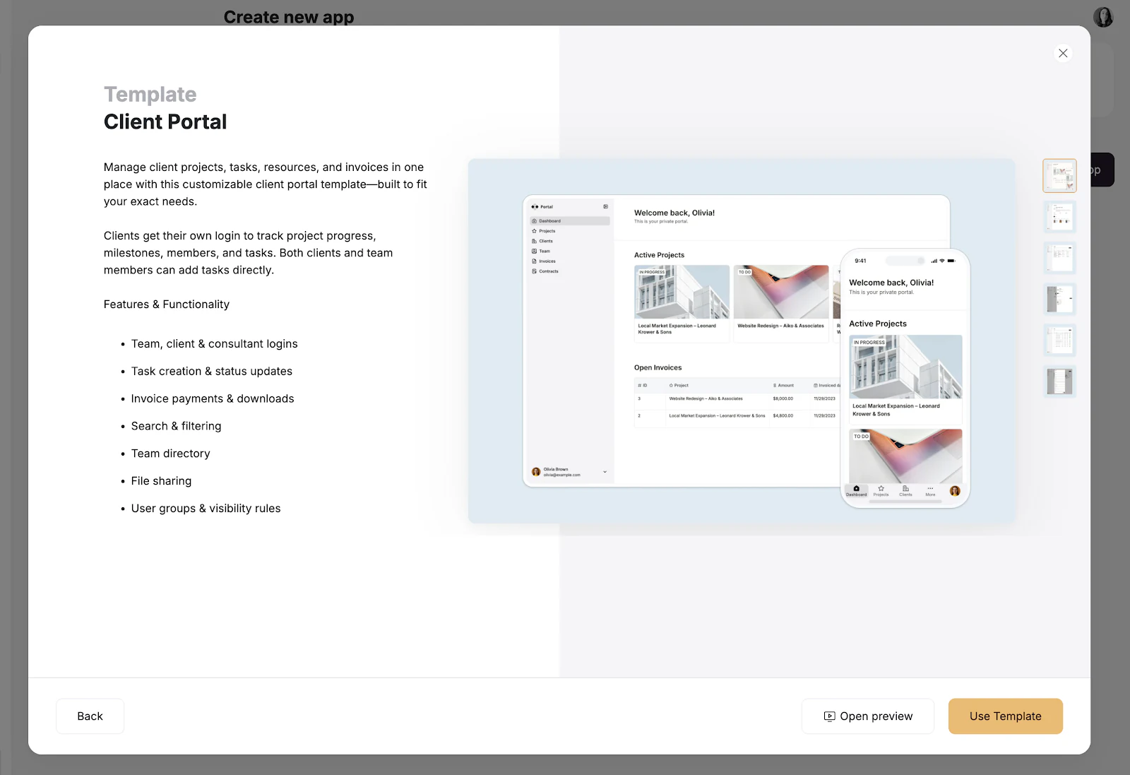 Softr Client Portal template overview page listing key features and preview options.