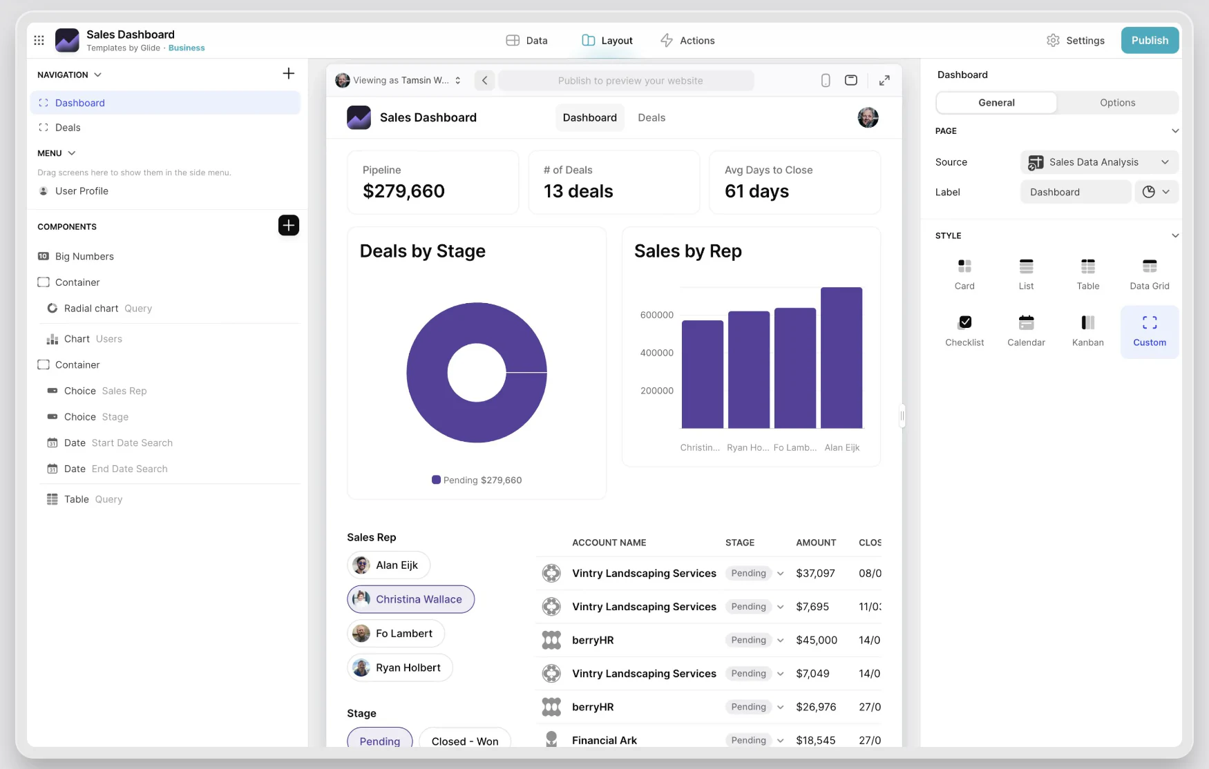 Sales dashboard template by Glide
