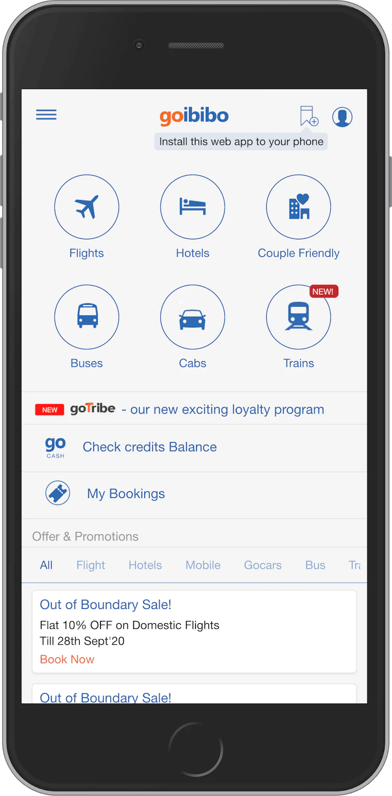 Goibibo travel booking progressive web app