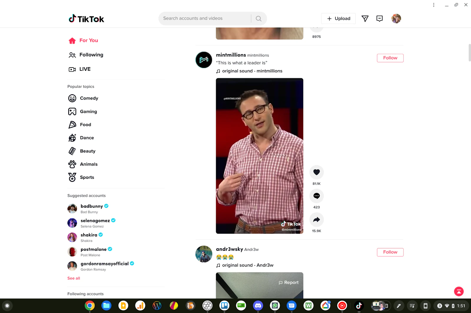 TikTok progressive web app playing short-form video