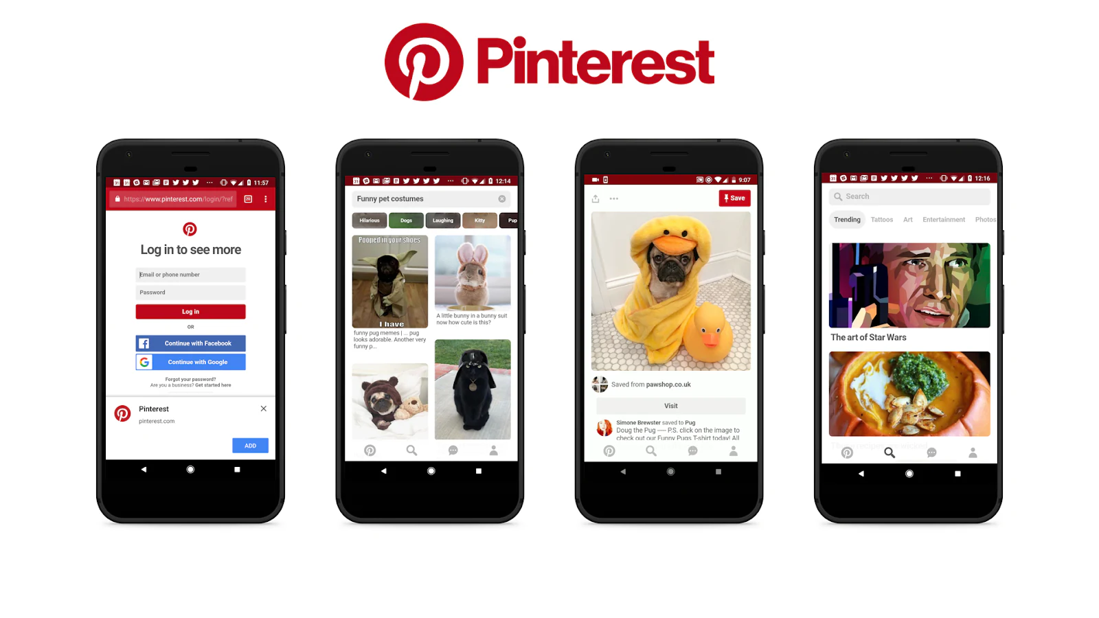 Pinterest progressive web app showing a grid of pins