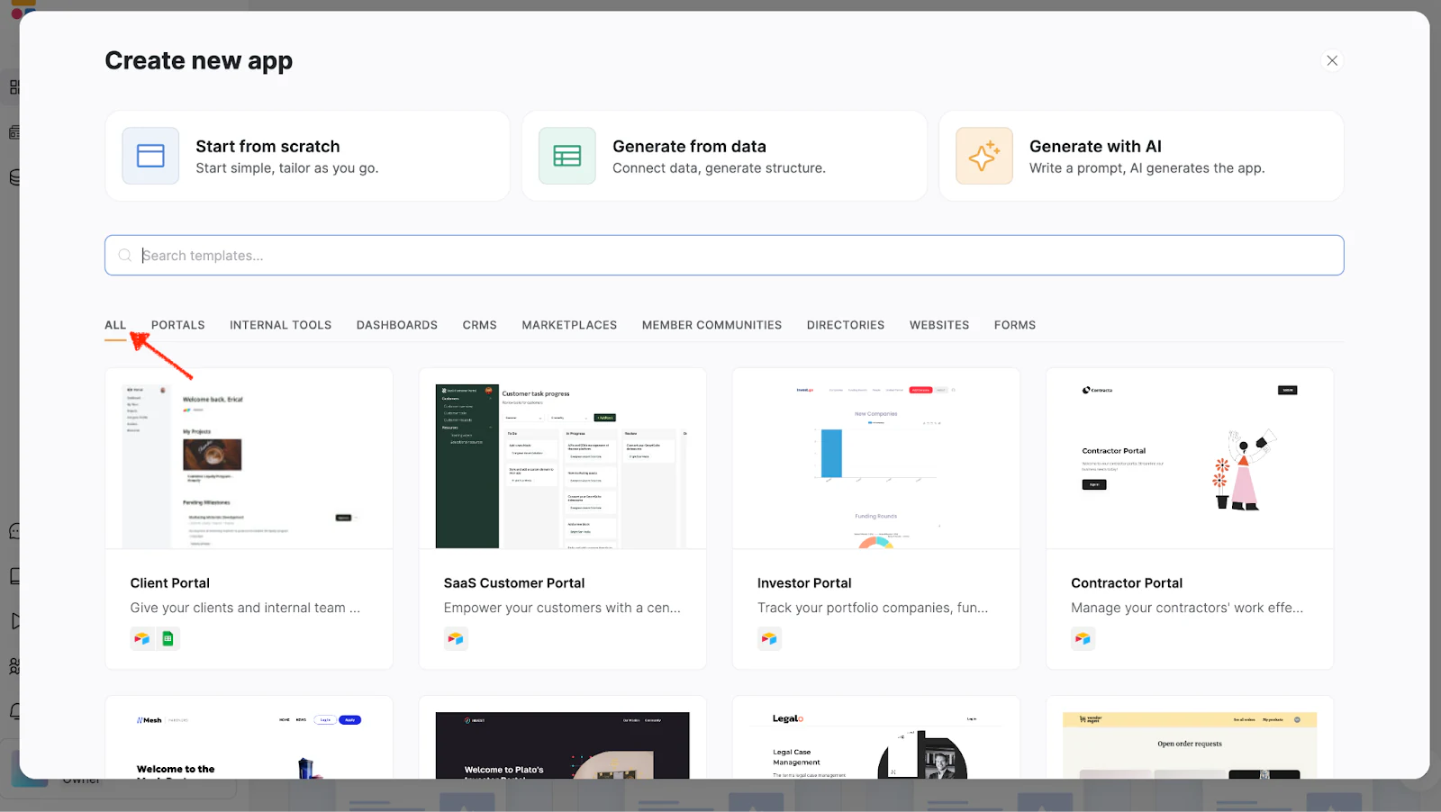 Softr template gallery showing the "ALL" template filter
