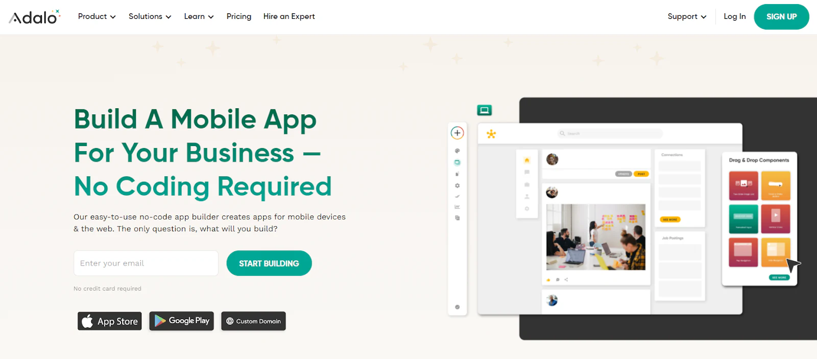 Adalo homepage about building a mobile app without code, with a drag-and-drop component editor