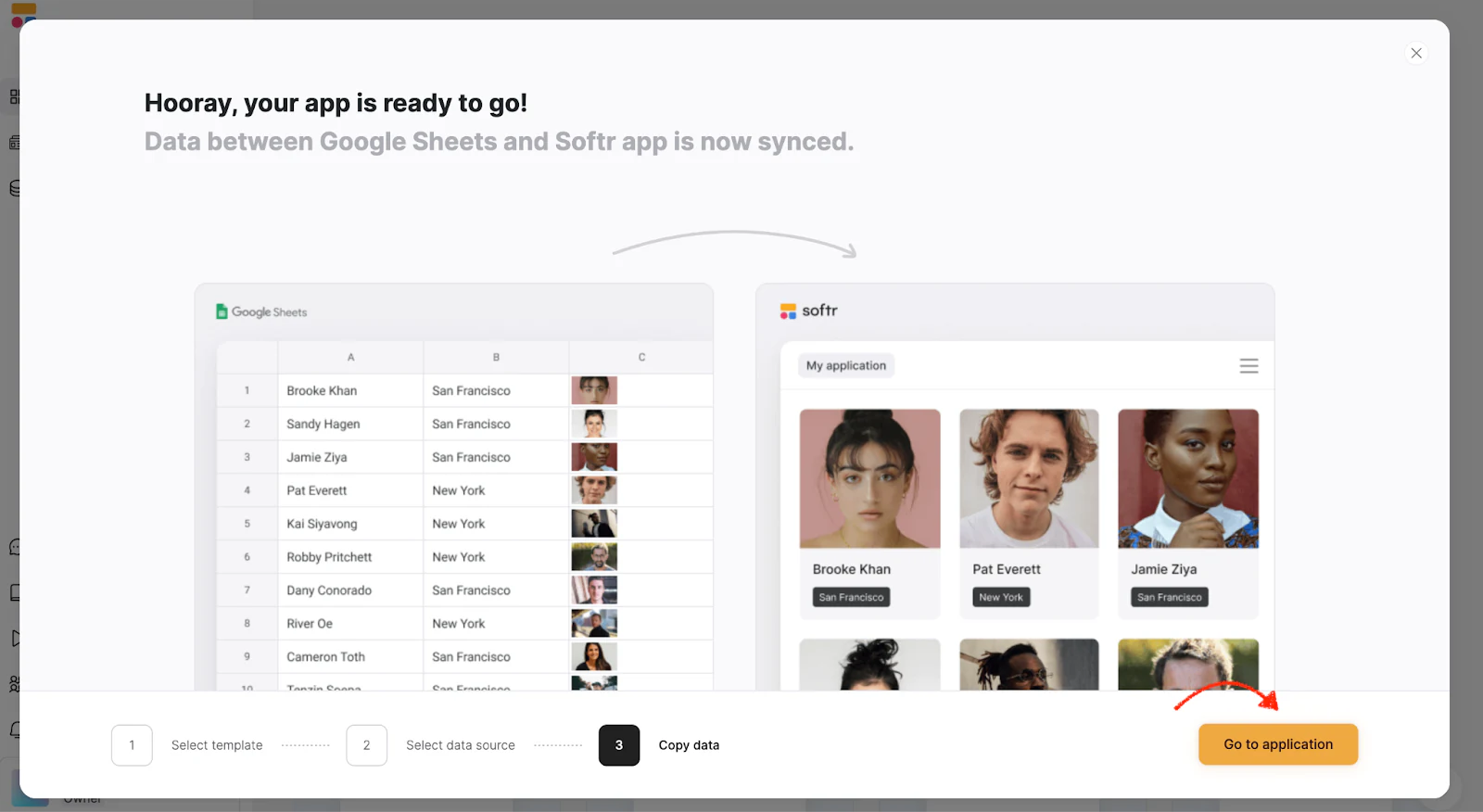 Softr onboarding page with Go to application button