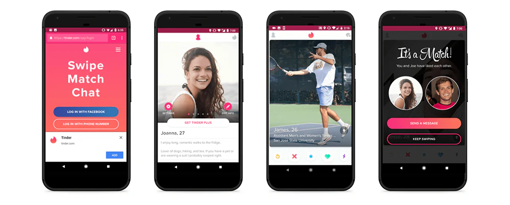 Tinder progressive web app with its swipe-based interface