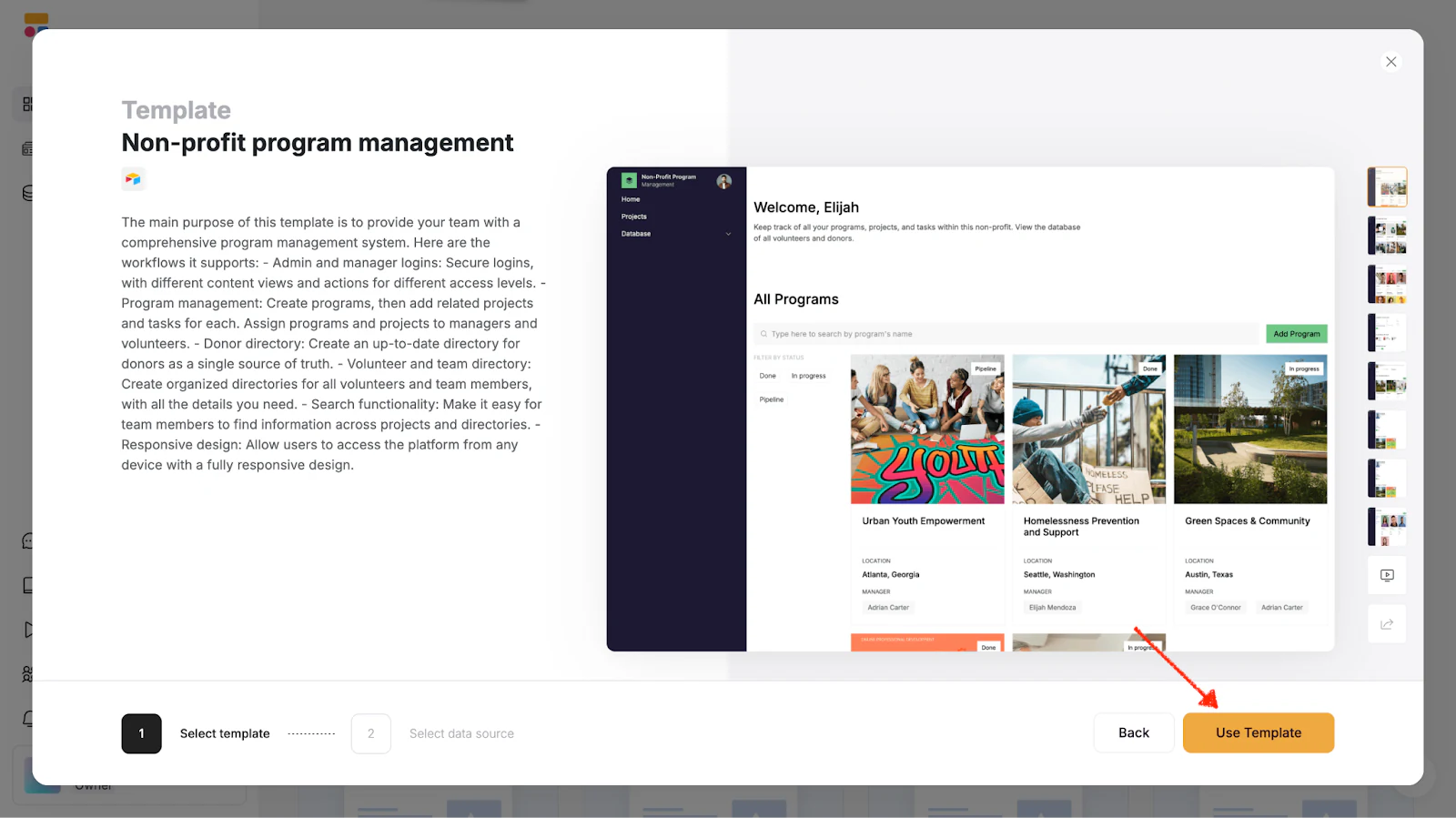 Previewing and selecting a Softr template before building