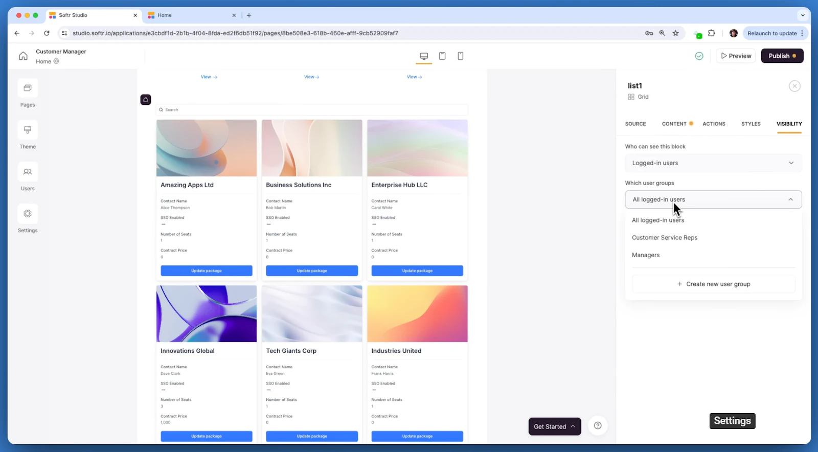 Softr database UI builder visualizing drag and drop dashboard templates
