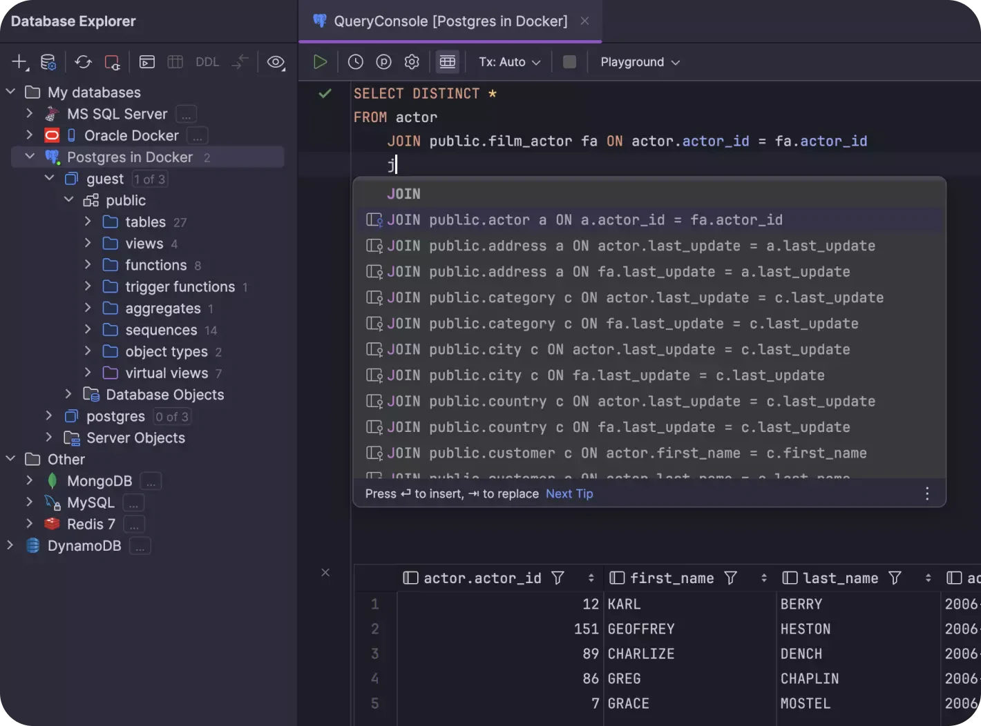 DataGrip environment showing relational tables and database hierarchy