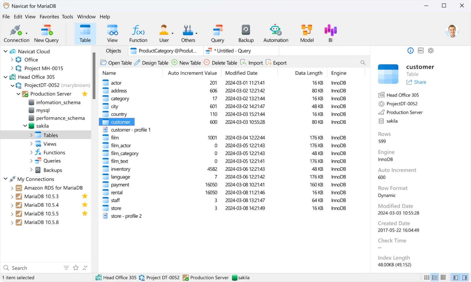 Navicat workspace visualizing tables and data dictionary design
