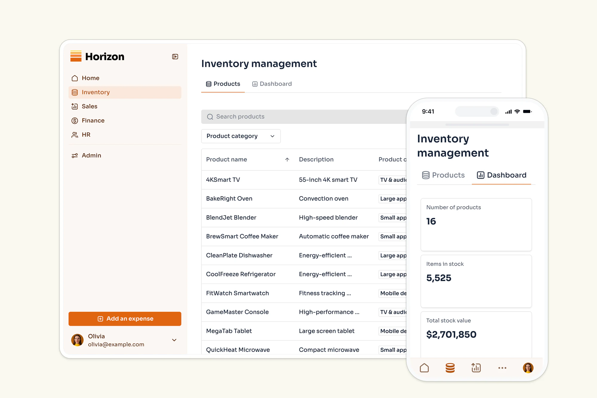 Softr inventory management page showing a product list and stock KPIs in an ERP-style dashboard