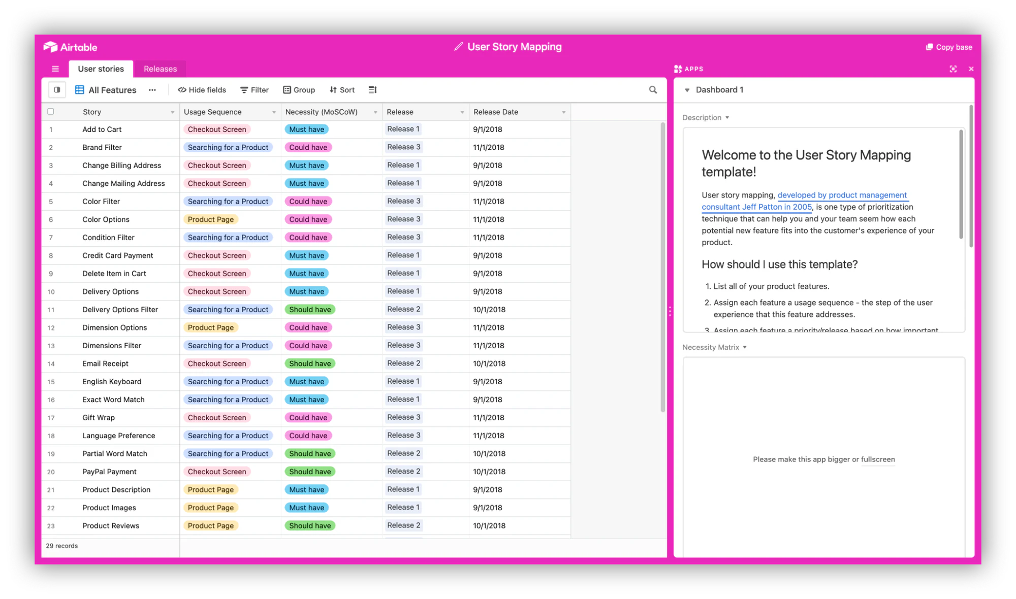 user story mapping with airtable