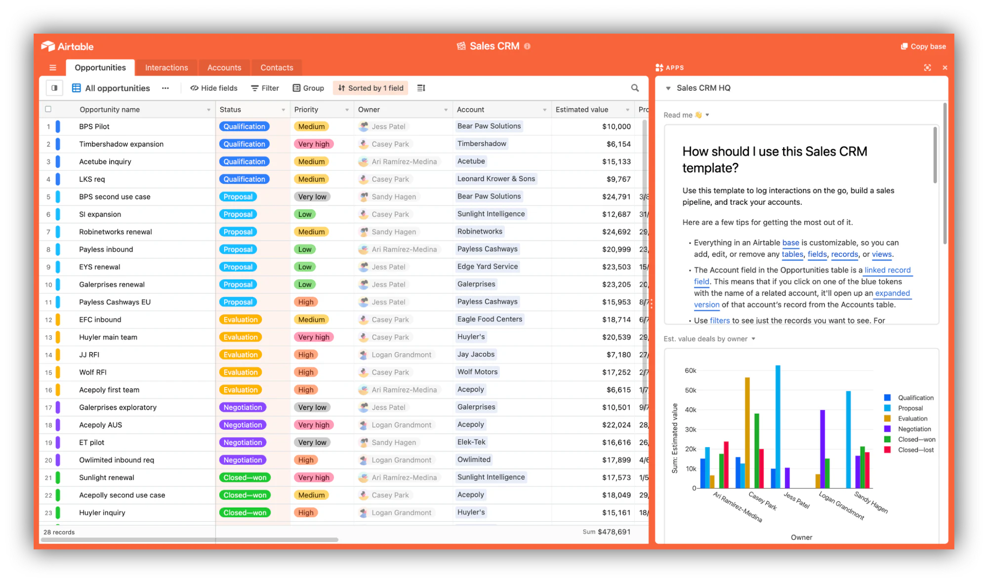 Airtable sales CRM template tracking deals and pipeline stages