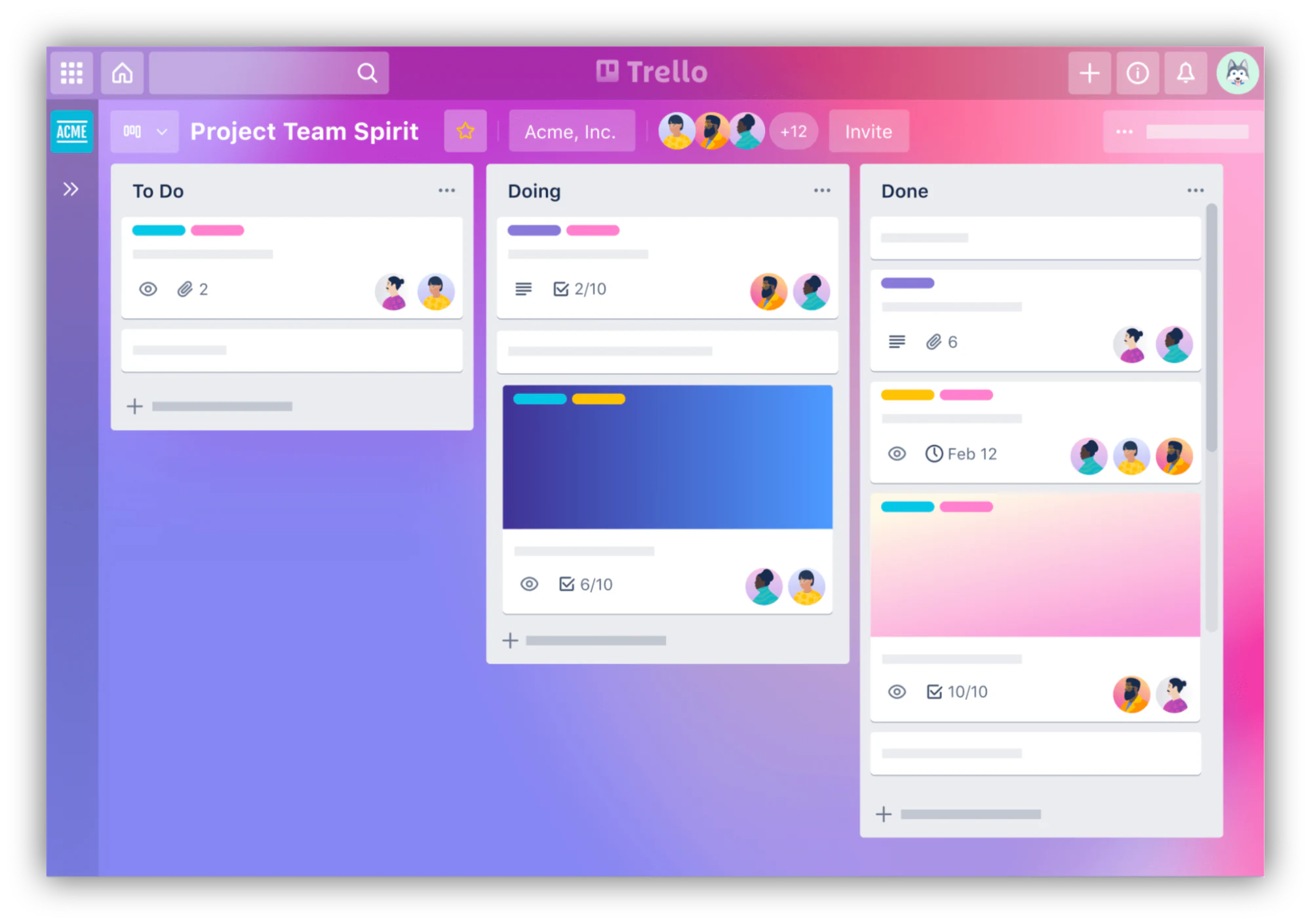 Trello Kanban board with cards organized across workflow stages