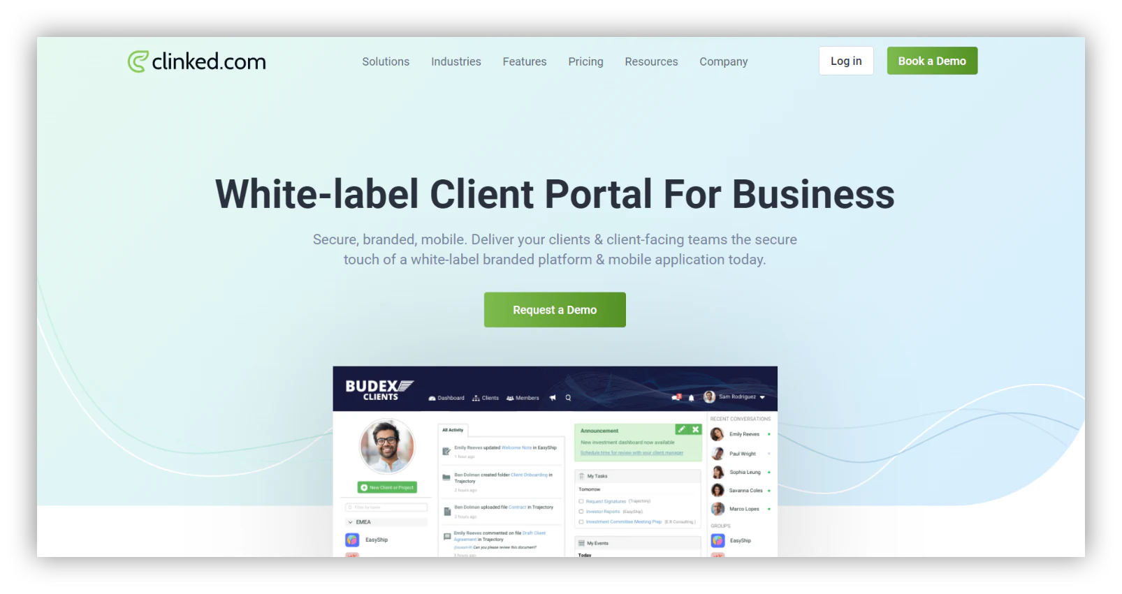 Clinked homepage highlighting white-label client portal branding