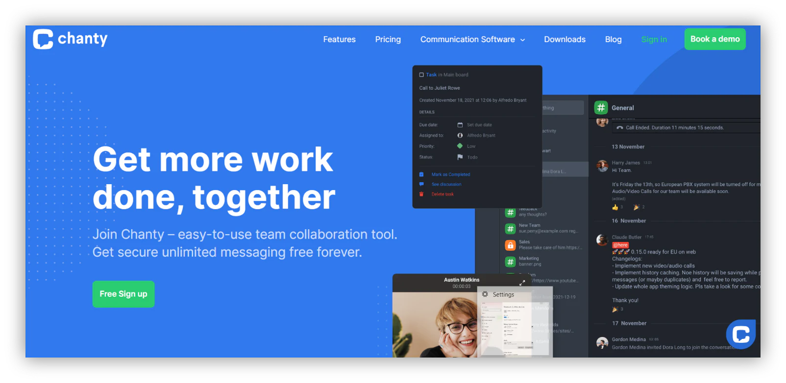 Chanty chat interface showing voice notes and video call options