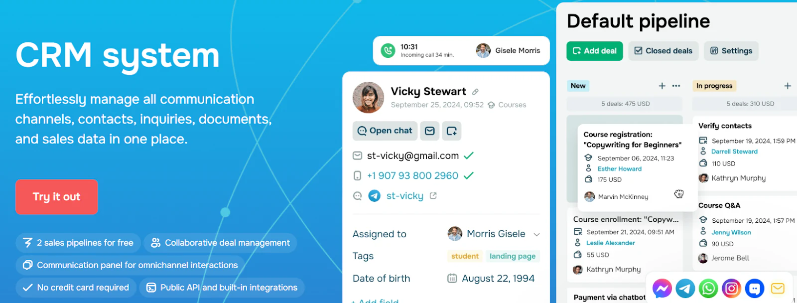 SendPulse CRM with a contact card and a default deal pipeline with new and in progress columns
