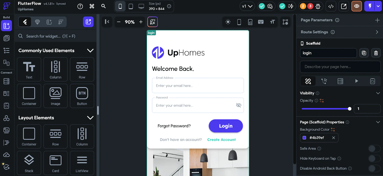 FlutterFlow editor with a mobile login screen on the canvas and widget and page property panels