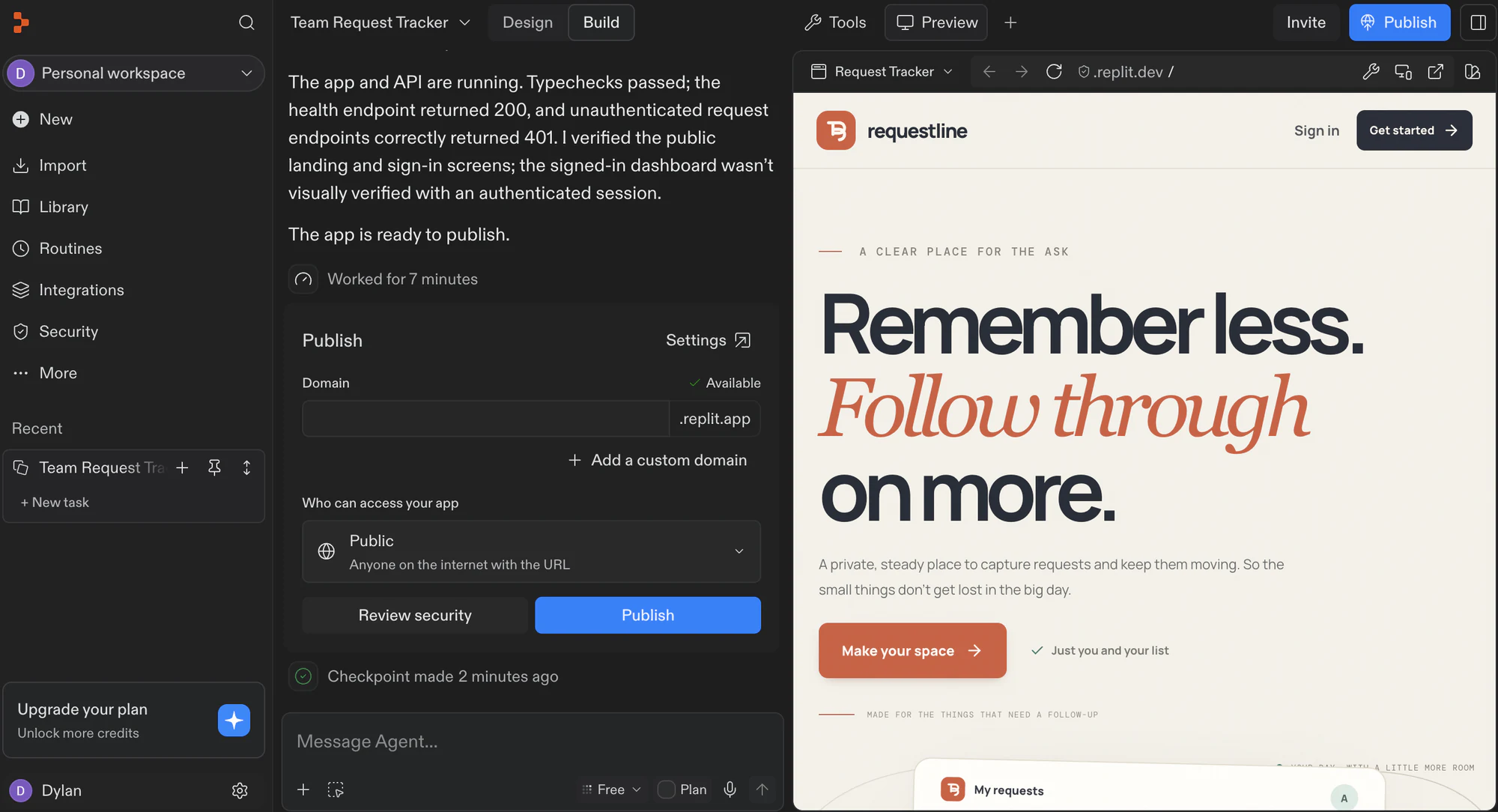 Replit workspace with a request tracker built on the Free plan, showing a marketing landing page