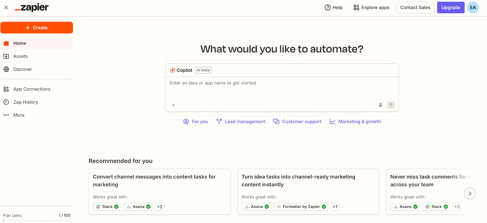 Zapier home page with a Copilot prompt box and recommended Zaps using Slack and Asana