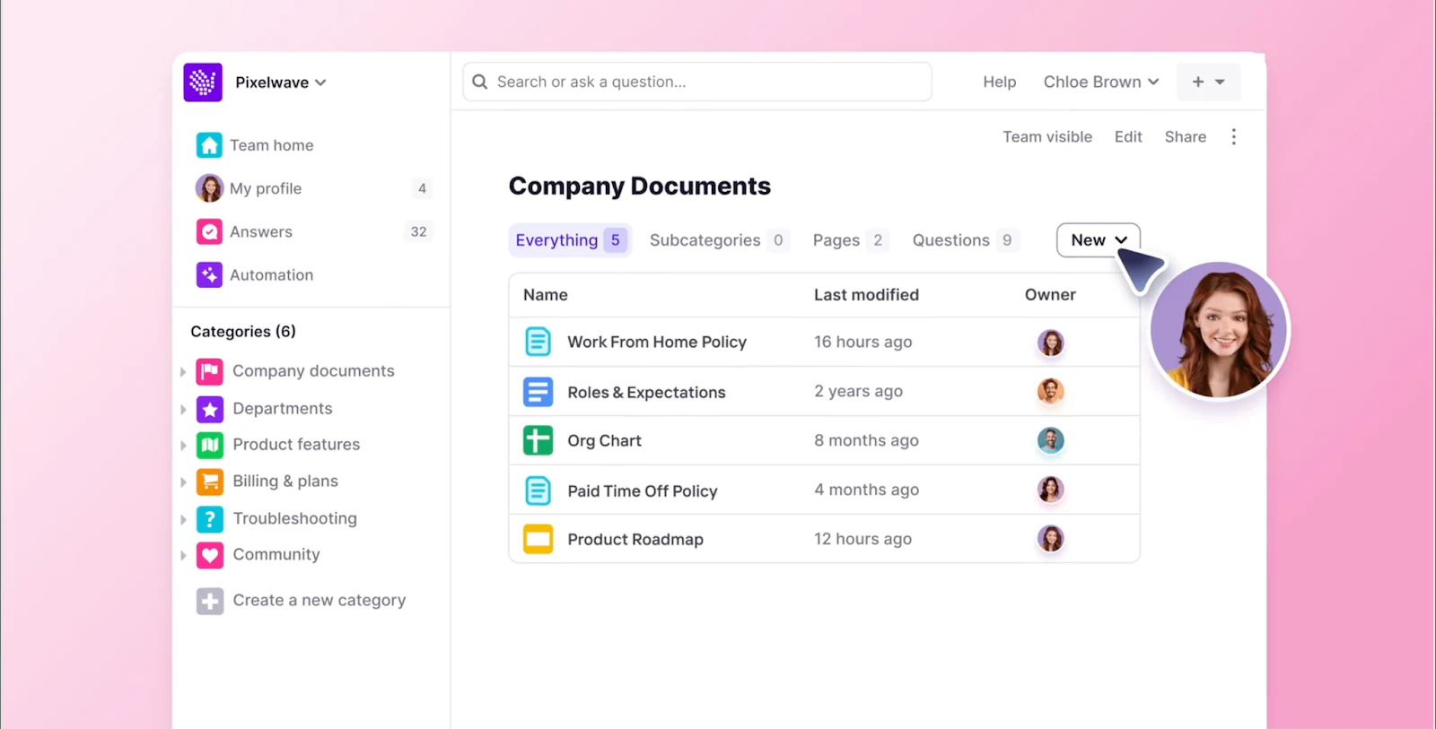 Tettra knowledge base with company documents listed by name, last modified date, and owner