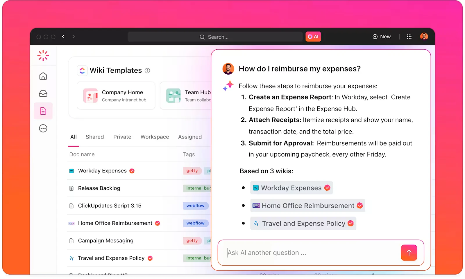 ClickUp wiki templates on display with AI