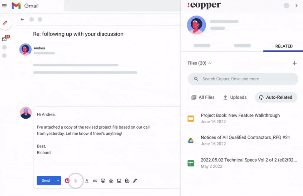 Copper CRM integrated with Google Workspace showing Gmail and Calendar sync