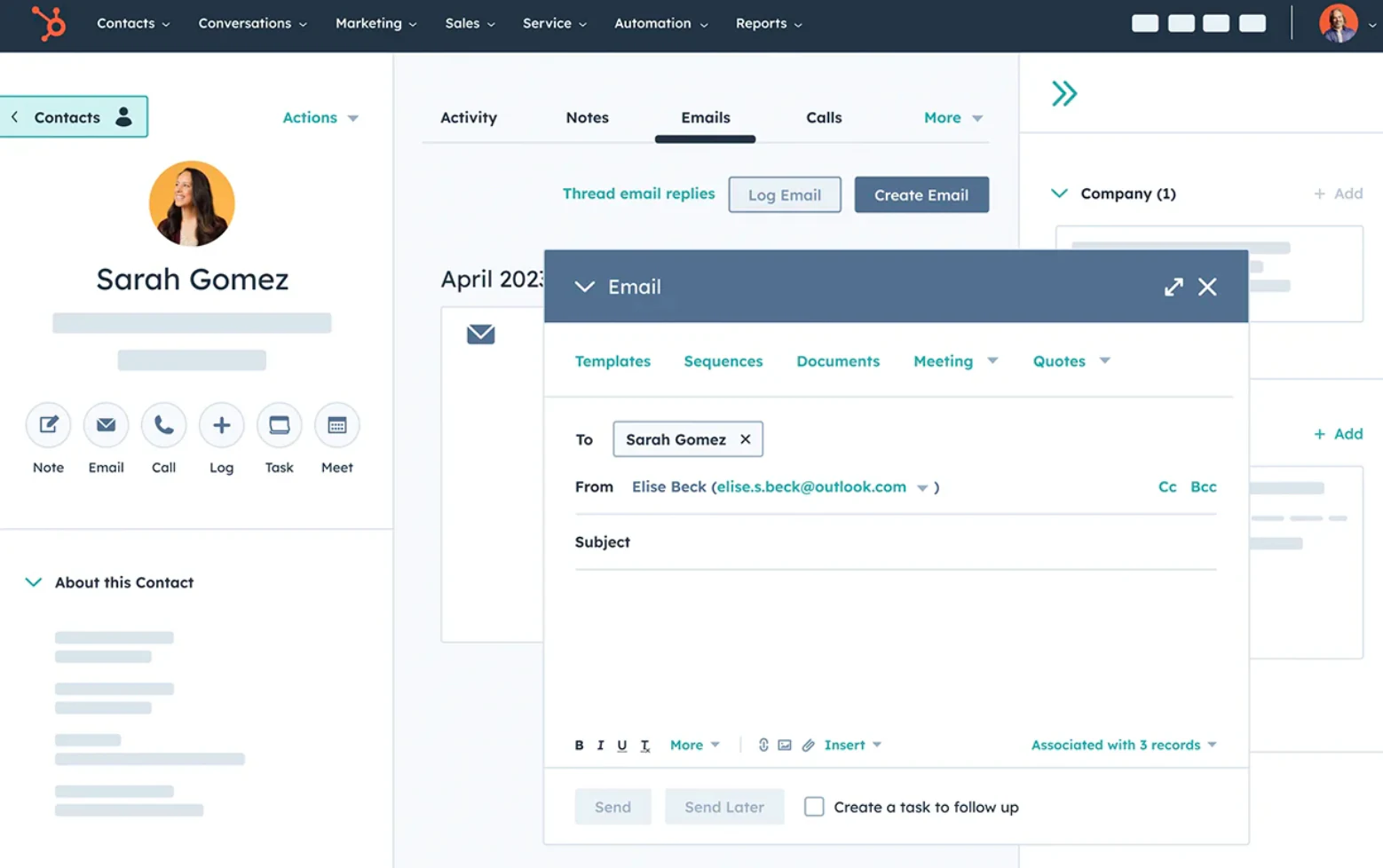 Screenshot of the HubSpot CRM contact record showing deal history and activity timeline