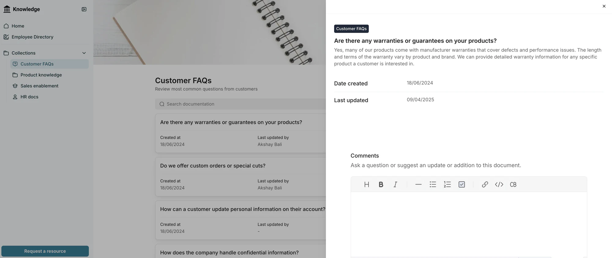 Softr knowledge base template with a customer FAQs list and an open article showing dates and a comments box