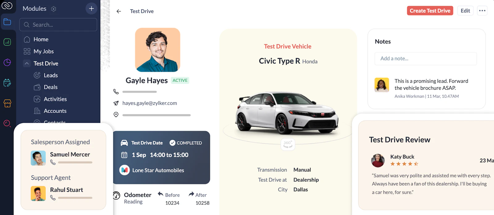Screenshot of the Zoho CRM interface showing lead and contact management panels
