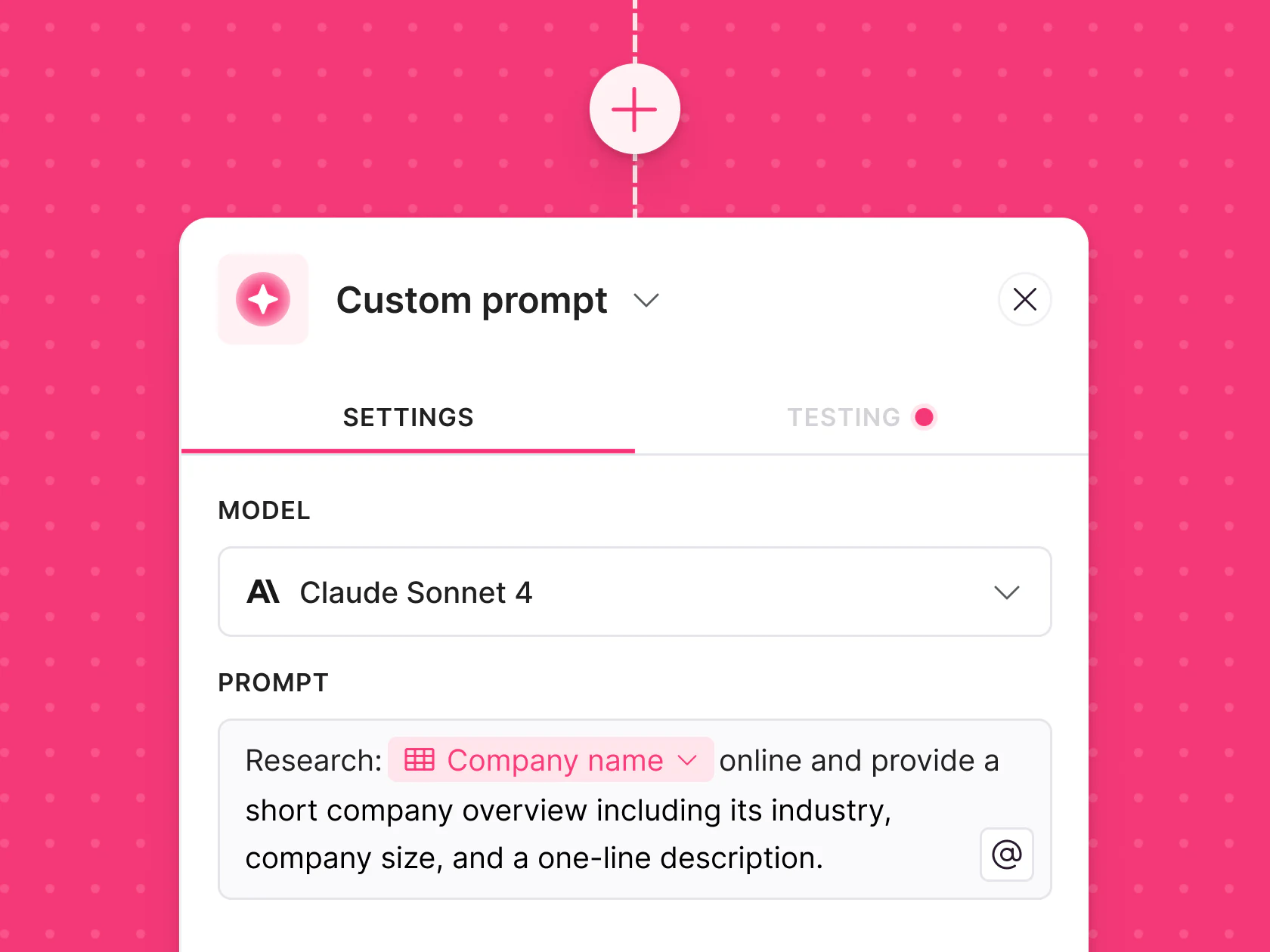 Softr Workflows AI step configuration panel showing model selection and a custom prompt