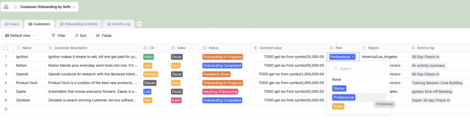 Softr Database showing linked records and a single-select field for structuring intranet content