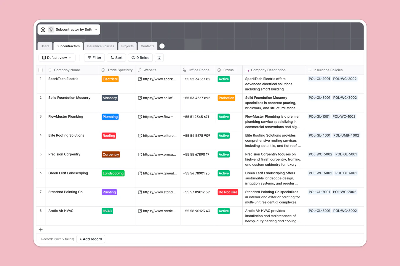 Screenshot of a Softr Database tracking subcontractors by trade, compliance status, and linked projects