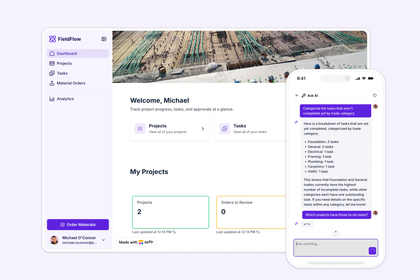 Construction project management dashboard in Softr showing project summary cards and AI-categorized tasks