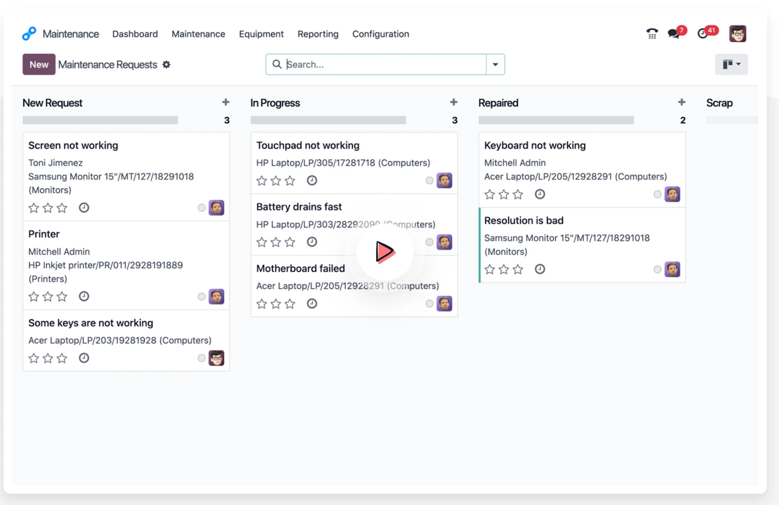 Odoo Maintenance module showing equipment tracking and maintenance requests