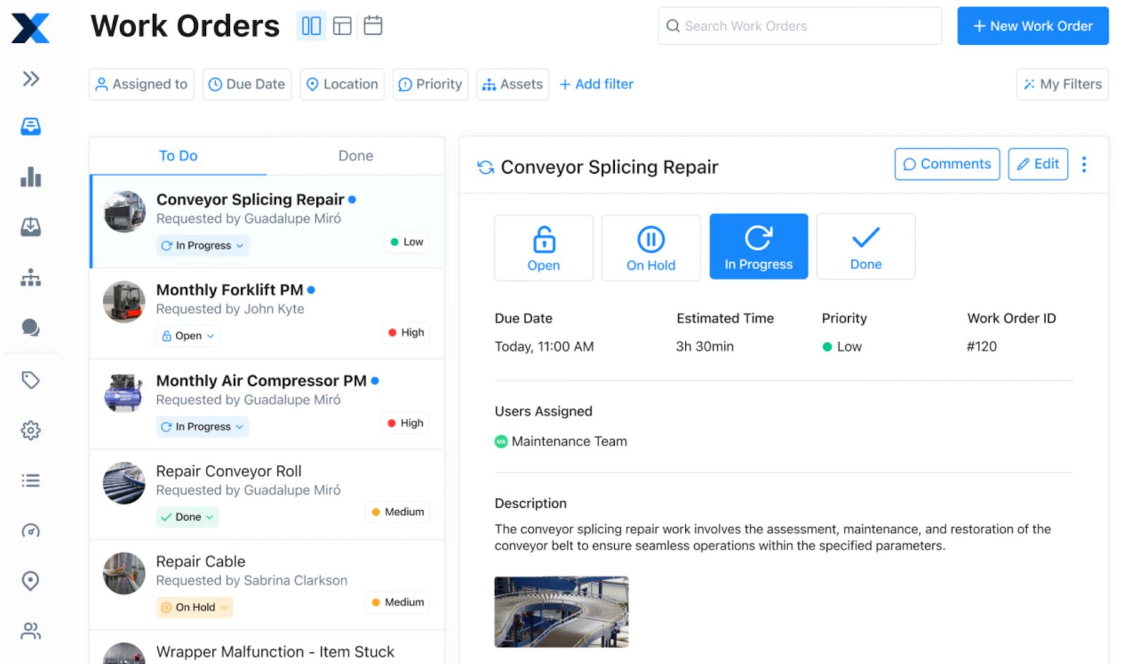 MaintainX mobile work order app showing job checklist and photo uploads