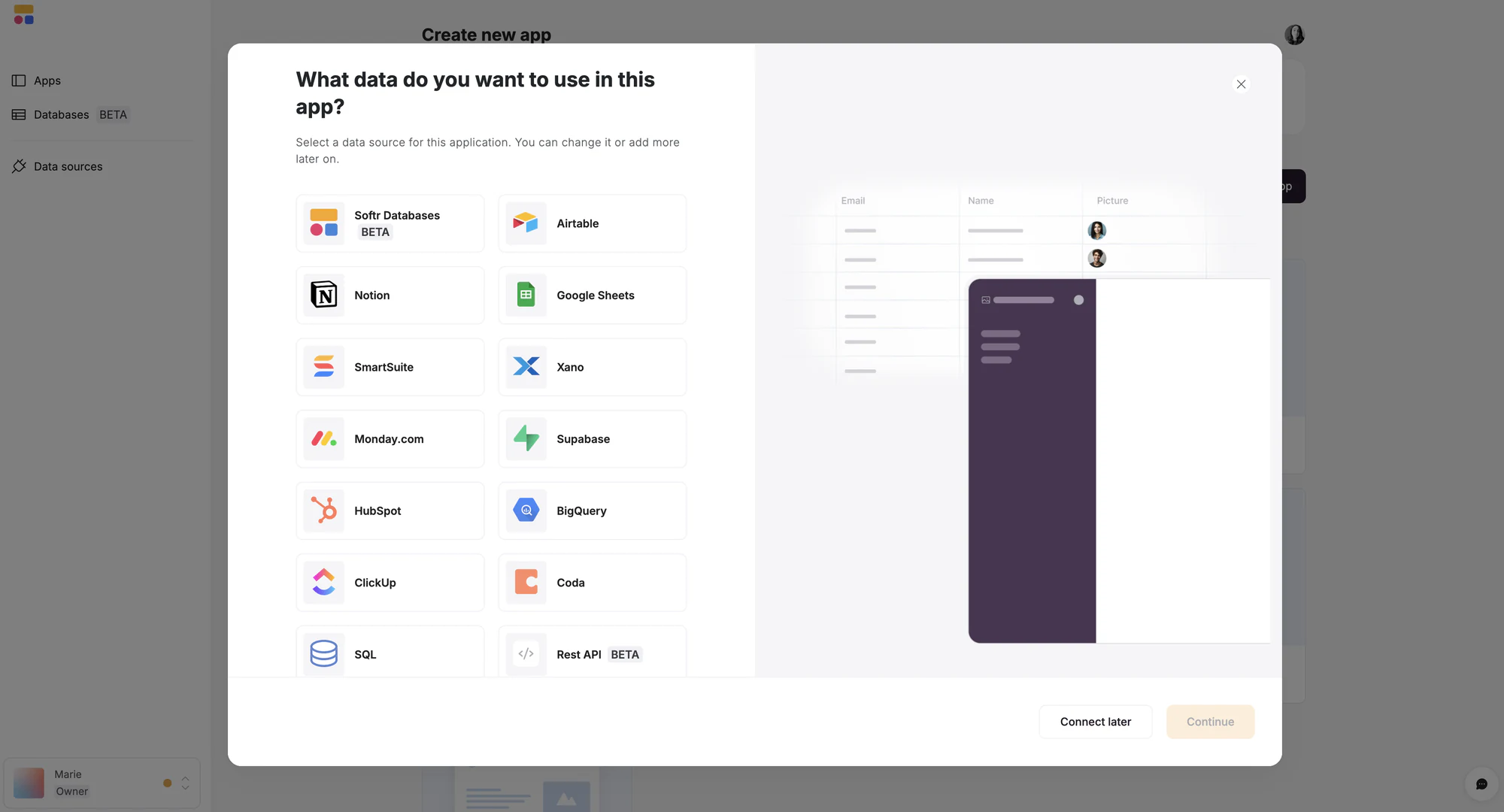 Connecting a Softr app to a native Softr Database or an external data source