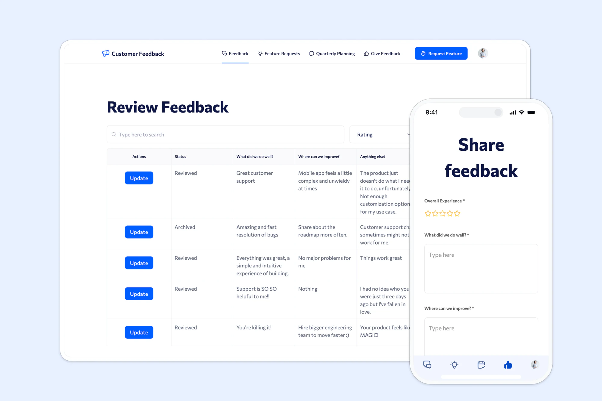 Softr-built customer feedback portal showing a branded dashboard interface