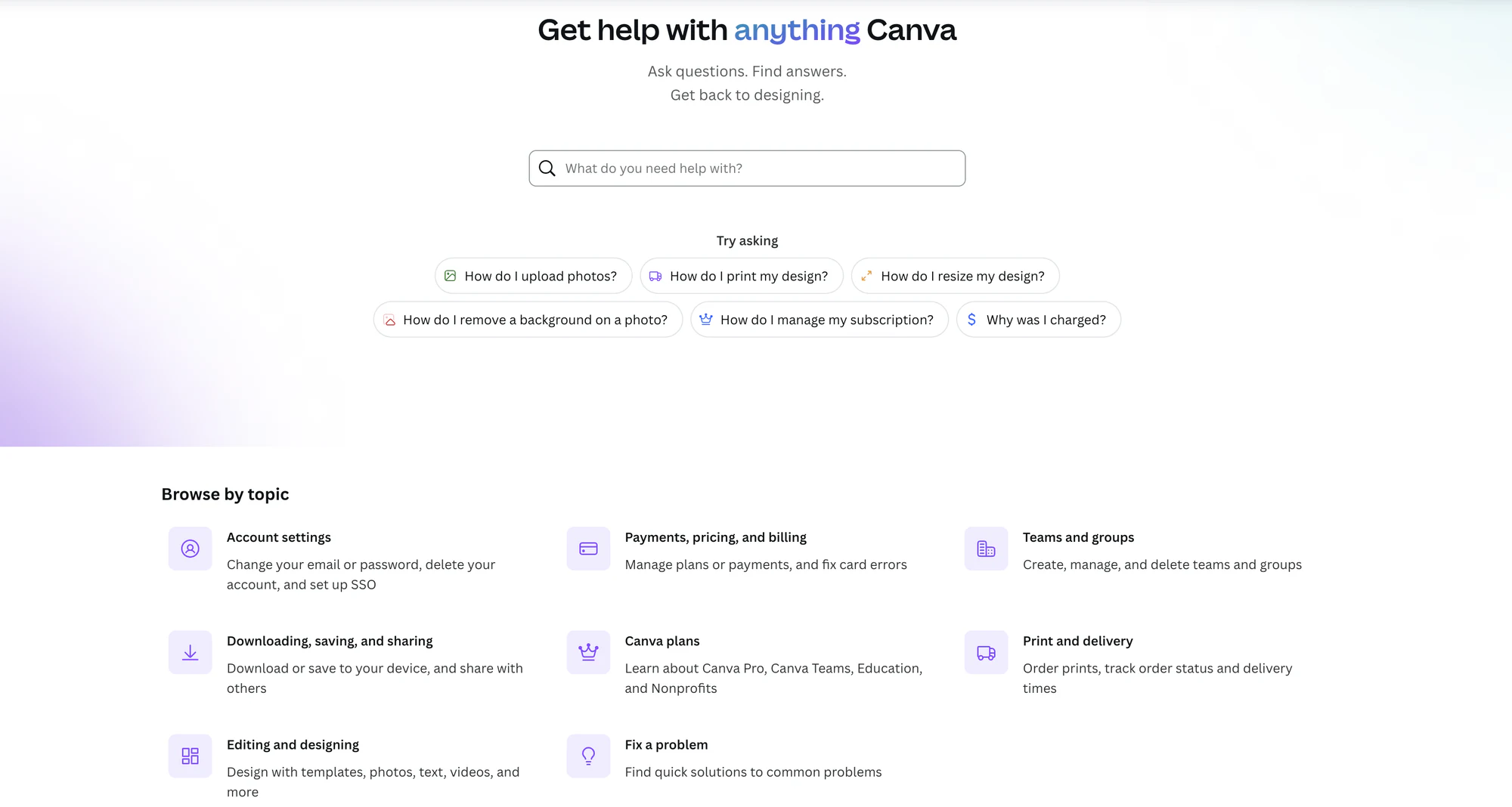 Canva Help Center homepage with categorized support topics and search bar