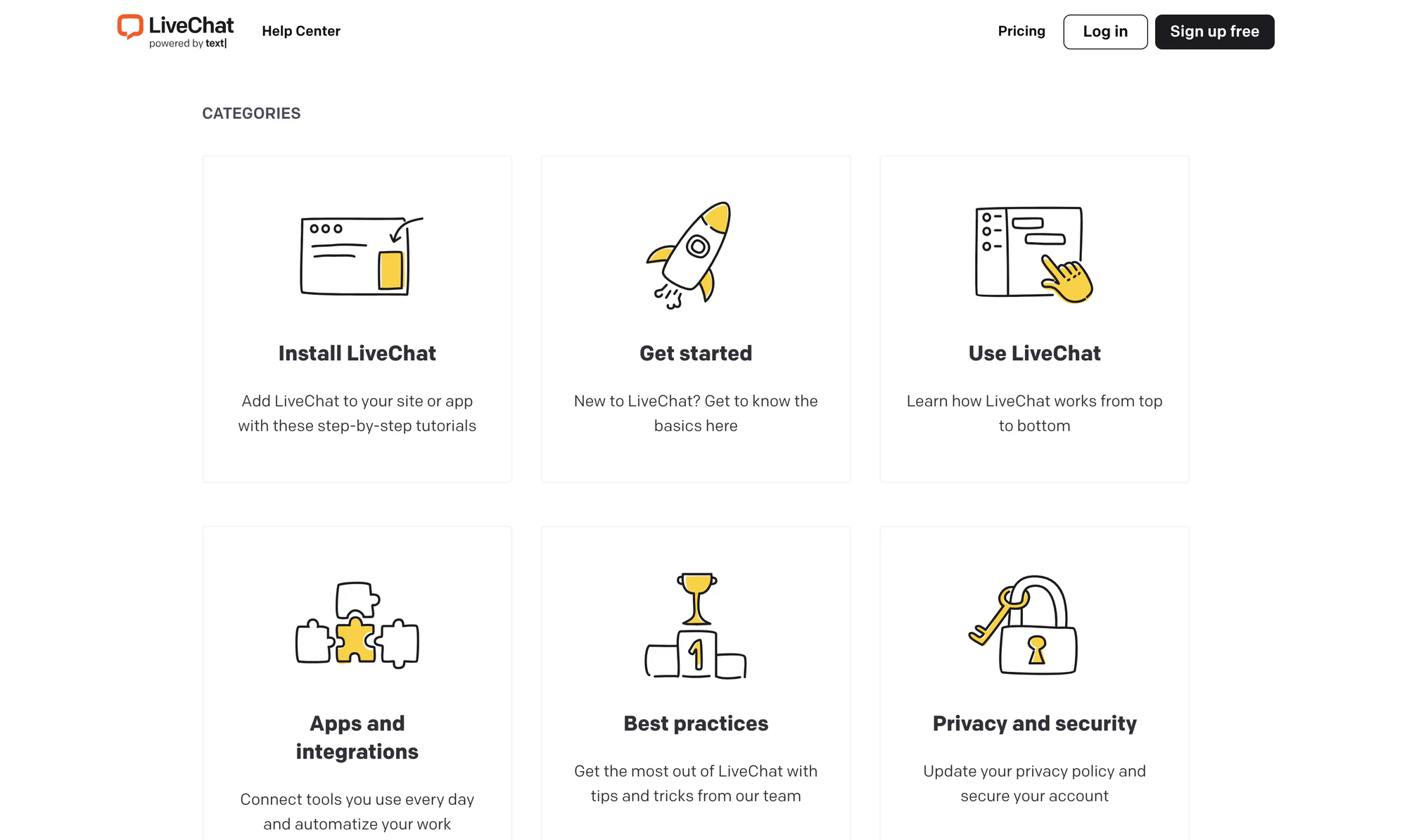 LiveChat KnowledgeBase help center homepage with search bar and category tiles
