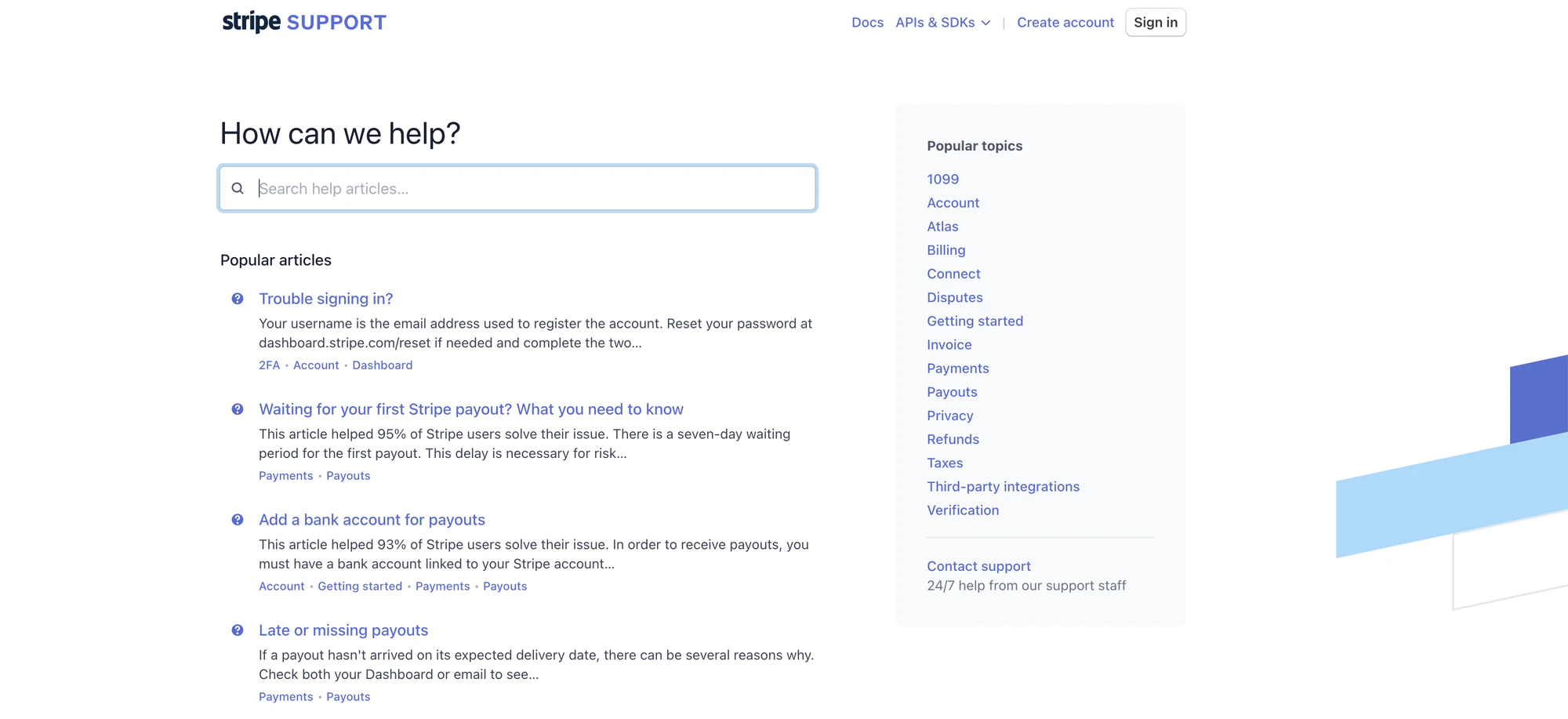 Stripe Help Center support topics for payments, refunds, and billing