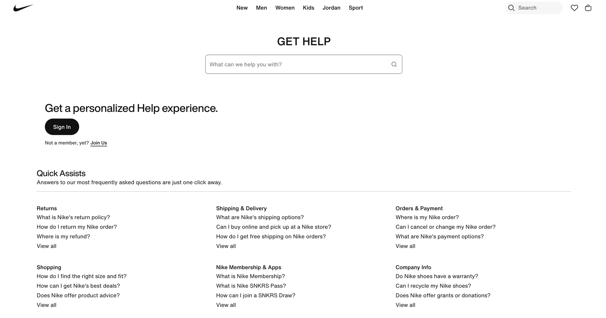 Nike Quick Assists help center homepage with categorized support topics