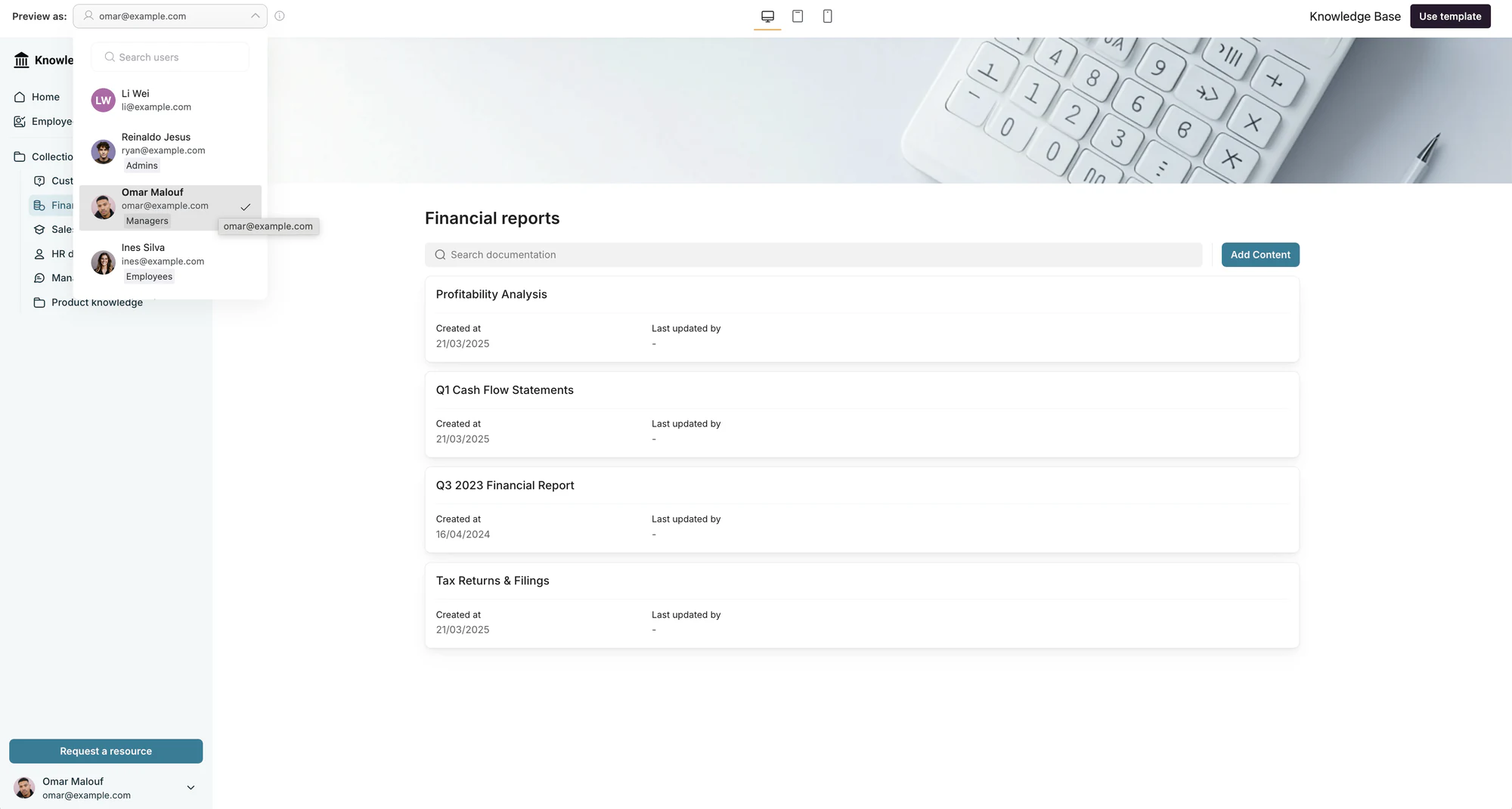 Softr knowledge base template showing role-based content visibility for each user group
